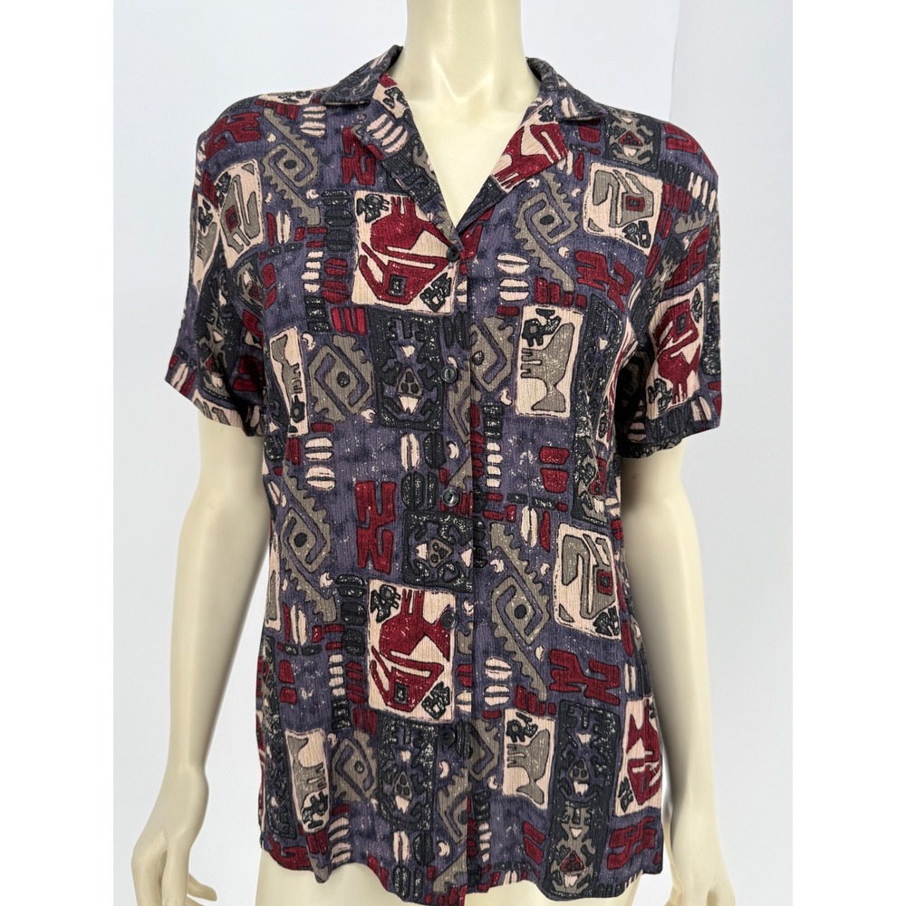 Hilo Hattie Vintage 90s Tiki Hawaiian Shirt Womens Small Crepe Rayon Purple Red